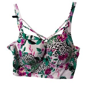 Floral & Leopard Print Longline Bikini Top in White and Green